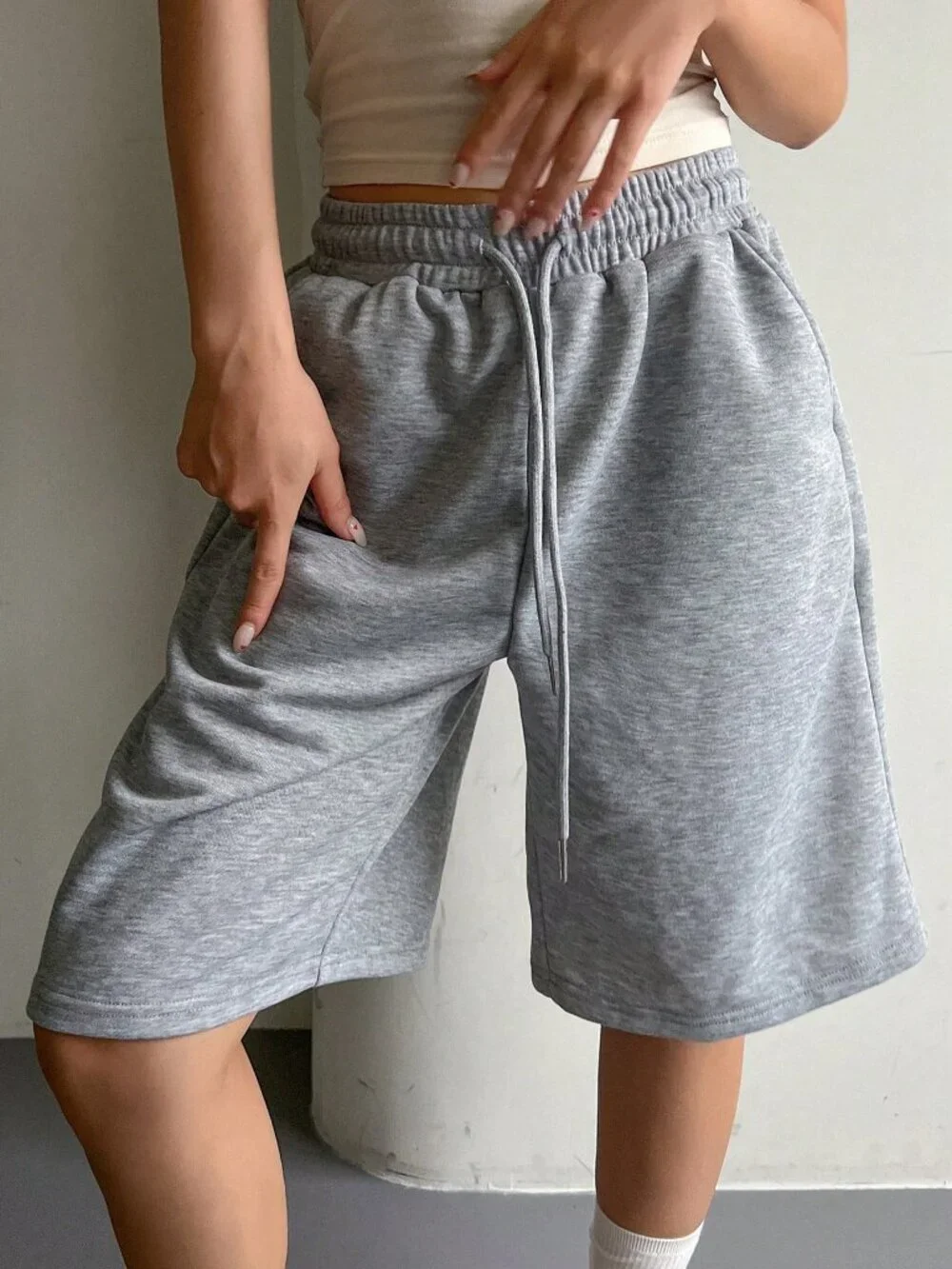 Light Grey Casual Women's Elasticated Drawstring Shorts
